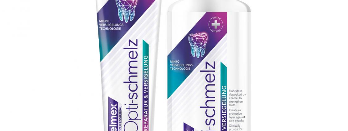 Optischmelz elmex Zahnpasta mit Schrift
